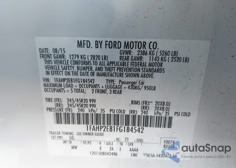 2015 Ford Taurus Sel z USA, uszkodzony, nr VIN 1FAHP2E81FG184542